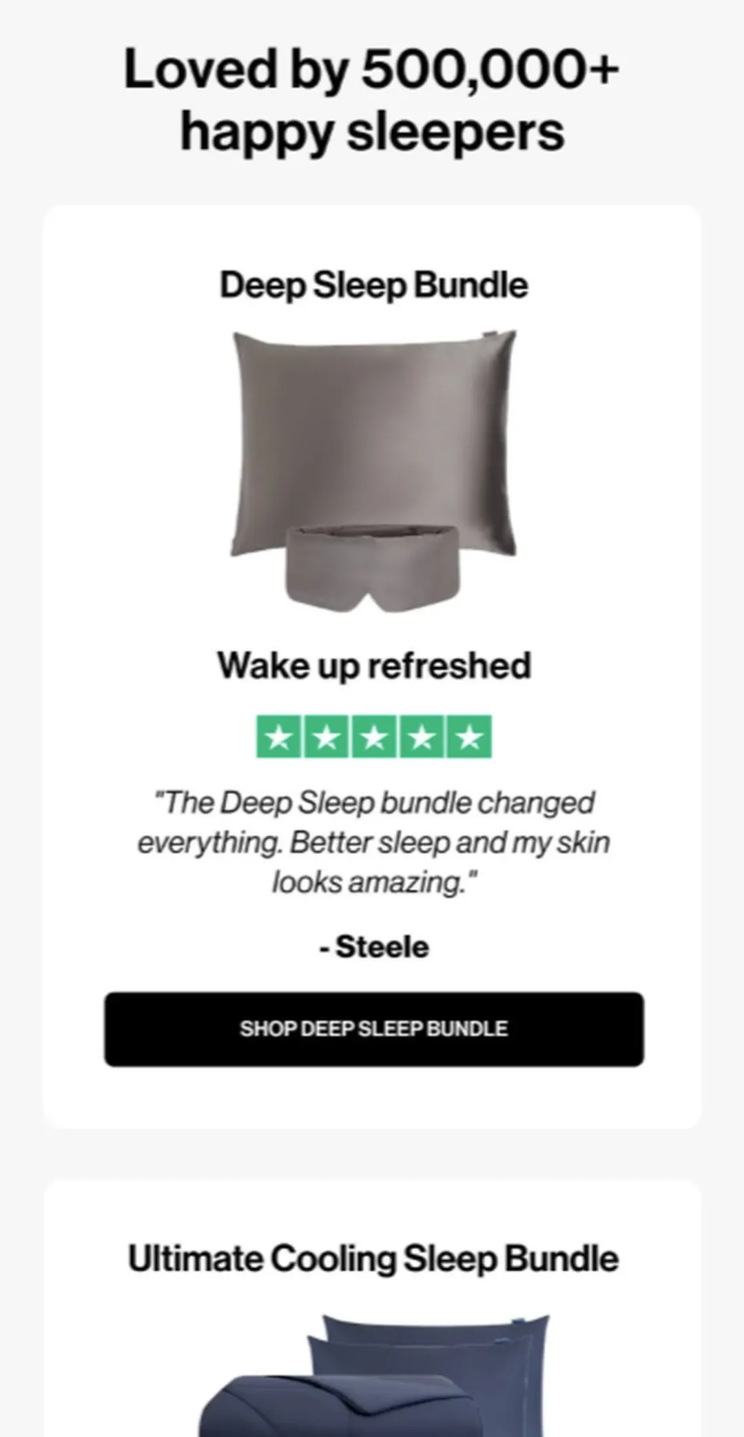 Dore & Rose sosyal kanıt e-postası: “Loved by 500,000+ happy sleepers” başlığı, 5 yıldızlı yorum, yorumu yazan kişinin adı ve ürüne özel buton