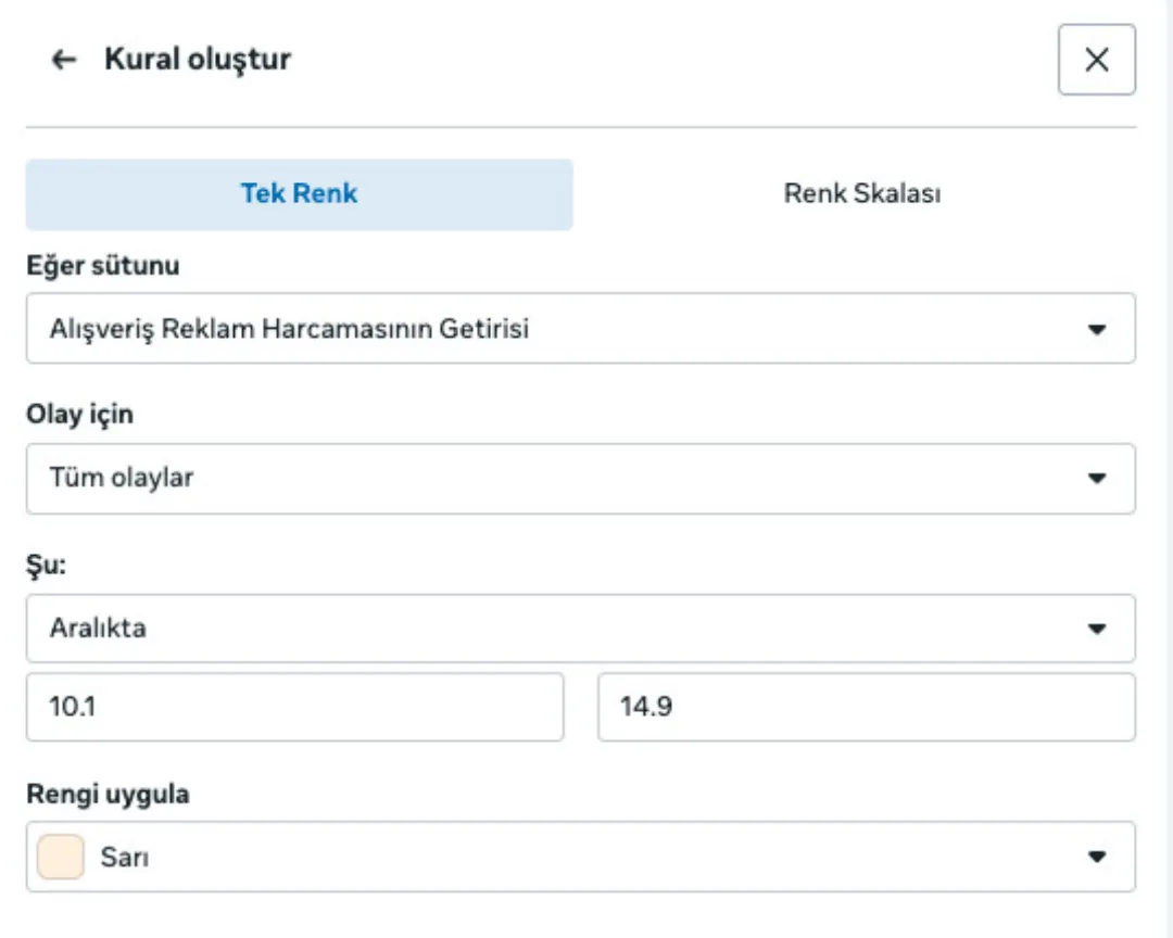 Kural oluştur: Aralıkta 10.1 – 14.9 · Sarı