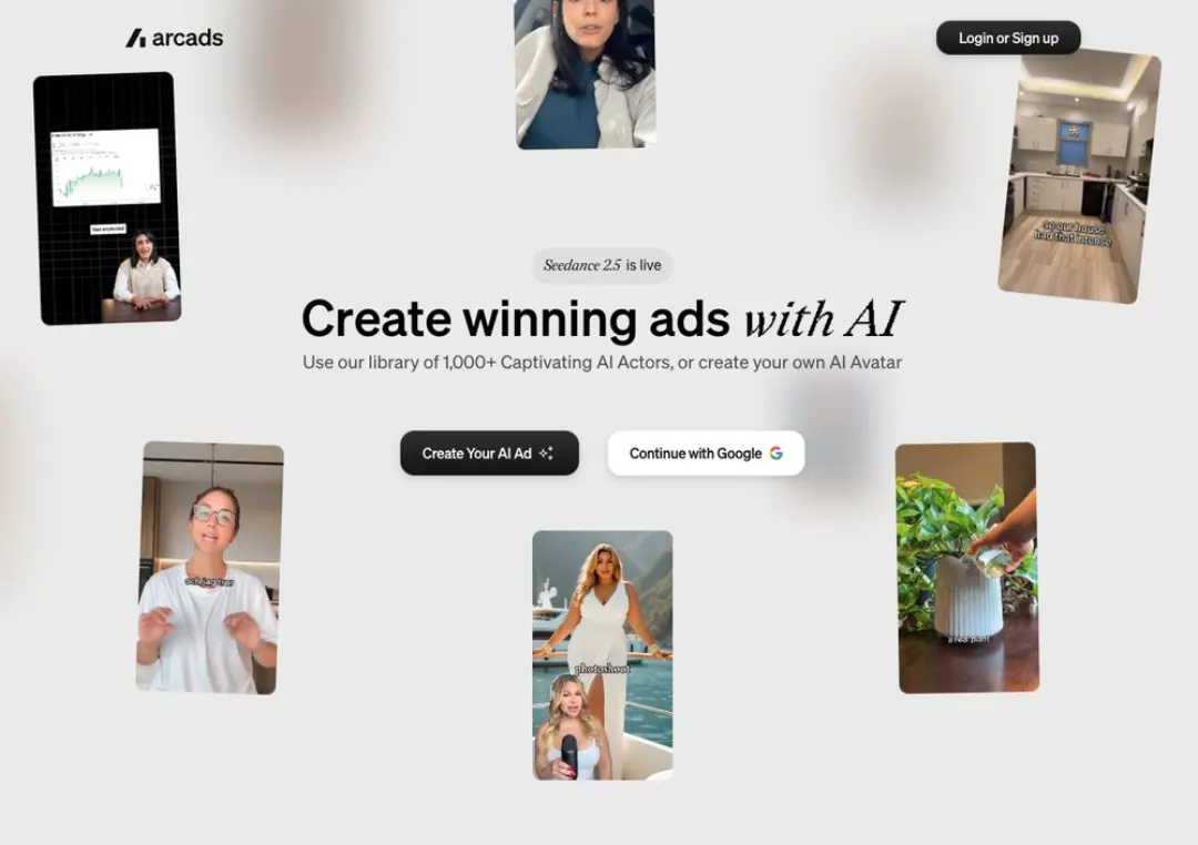 Arcads ana ekranı: “Create winning ads with AI”, 1.000+ AI aktör kütüphanesi ve AI aktörlerin video kareleri