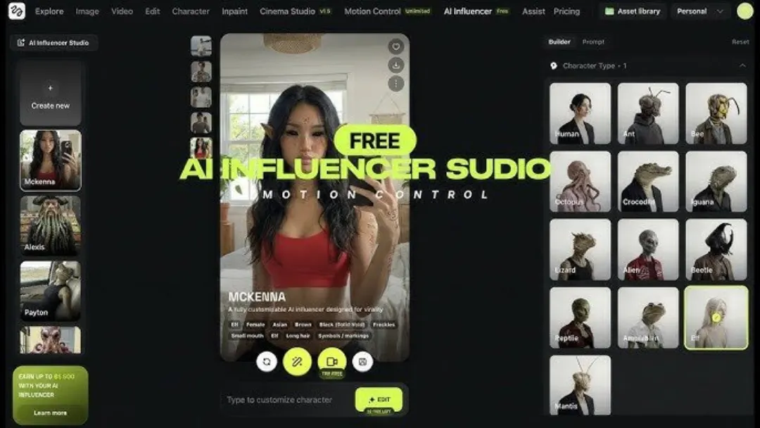 Higgsfield AI Influencer Studio: solda kayıtlı karakterler, ortada özelleştirilen AI influencer, sağda karakter tipi seçenekleri