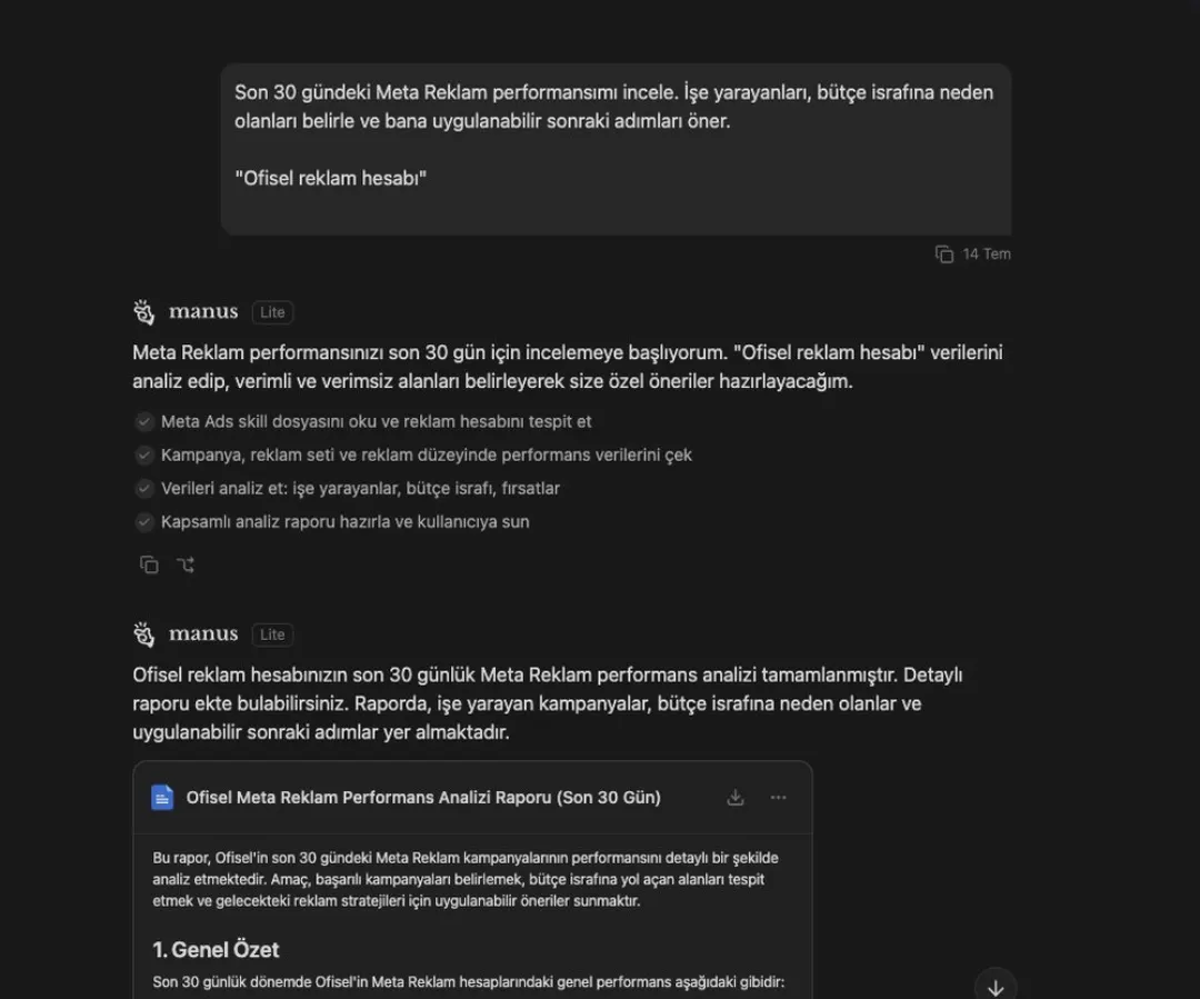 Manus ekranı: son 30 günlük Meta reklam performansı isteniyor; ajan dört adımlık görev listesi çıkarıp işaretliyor ve sonunda performans analizi raporunu teslim ediyor