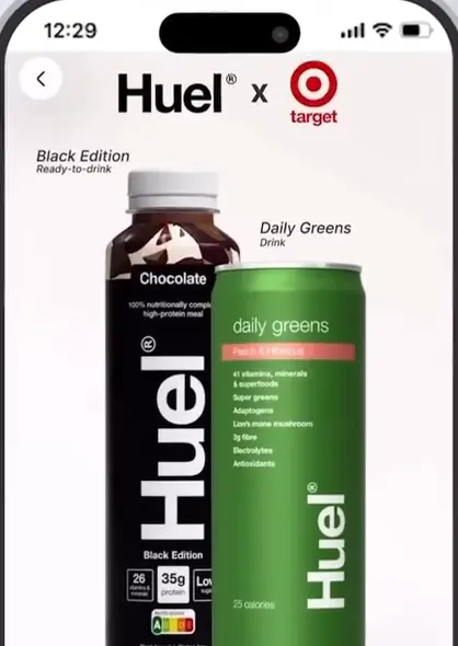 Bir creator kampanya platformunda Huel x Target kampanyası: Black Edition ve Daily Greens ürünleri