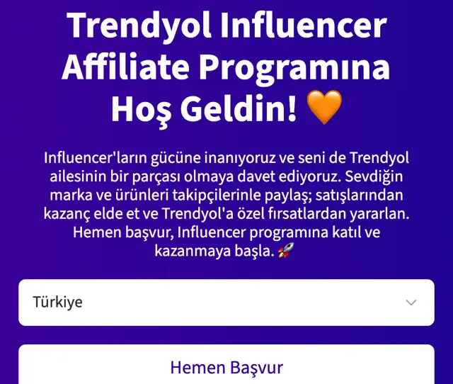Trendyol Influencer Affiliate Programı karşılama sayfası, Hemen Başvur butonu
