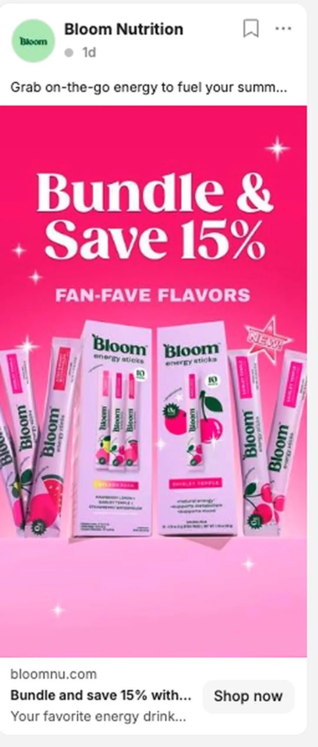 Bloom Nutrition reklamı: “Bundle & Save 15% · Fan-Fave Flavors” paket teklifi