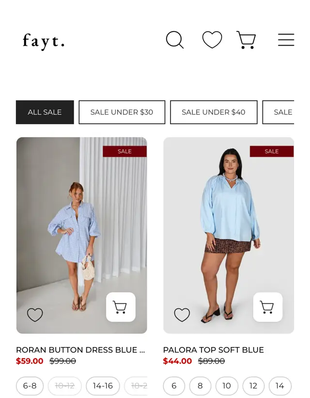 faytthelabel.com mobil sale sayfası: Roran Button Dress 99 dolardan 59 dolara, Palora Top 89 dolardan 44 dolara