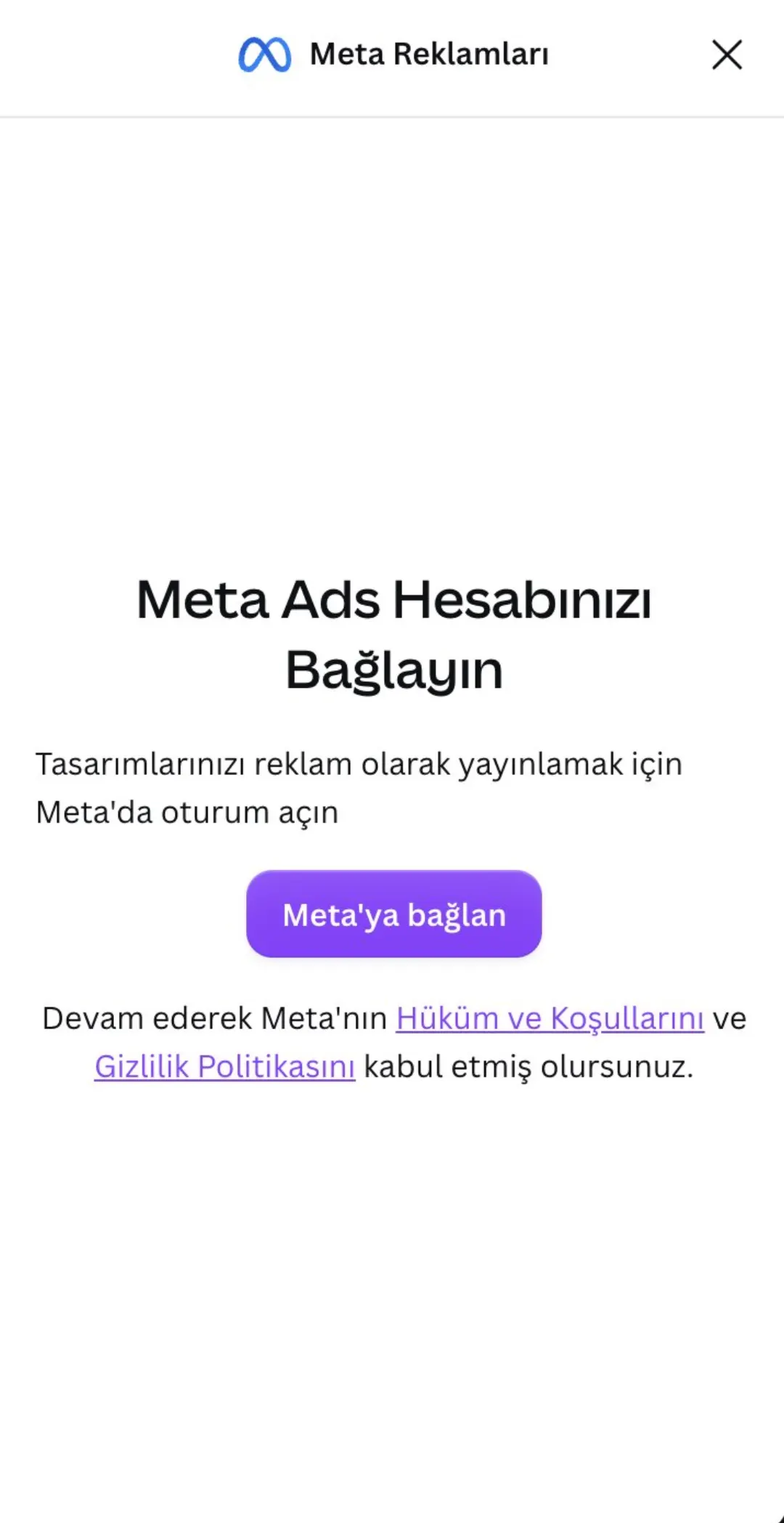 Canva → Meta reklam hesabı bağlama ekranı
