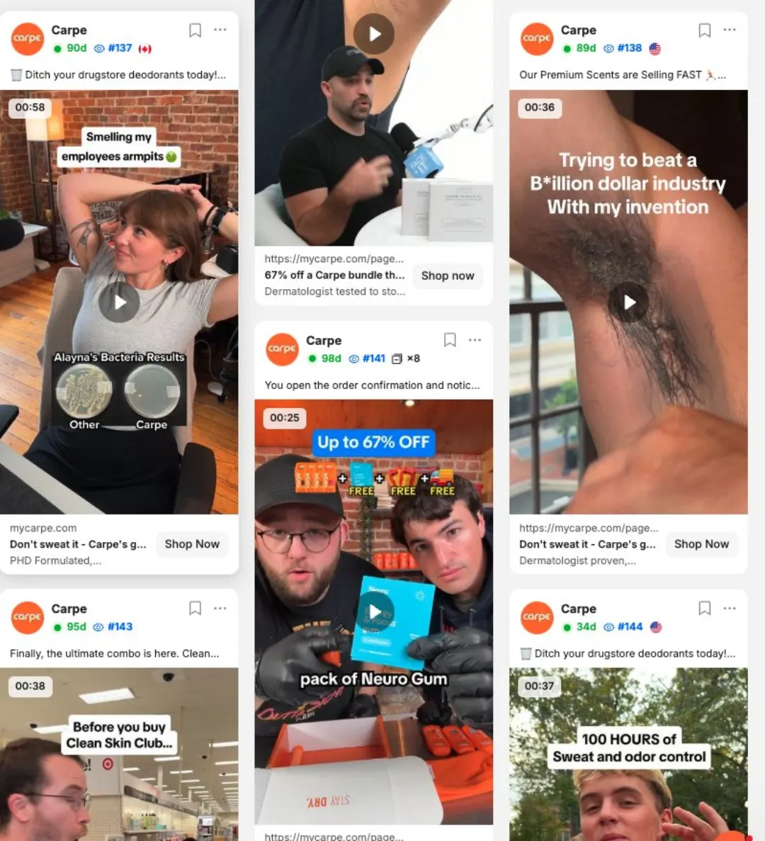 Carpe reklam grid'i: “Trying to beat a B*illion dollar industry with my invention”, “Smelling my employees armpits” bakteri testi, “100 HOURS of sweat and odor control”