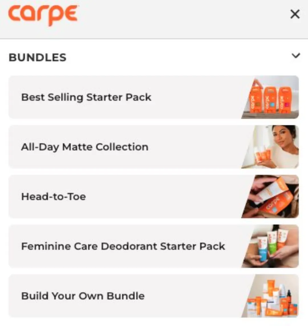 mycarpe.com menüsündeki BUNDLES bölümü: Best Selling Starter Pack, All-Day Matte Collection, Head-to-Toe, Feminine Care Deodorant Starter Pack, Build Your Own Bundle