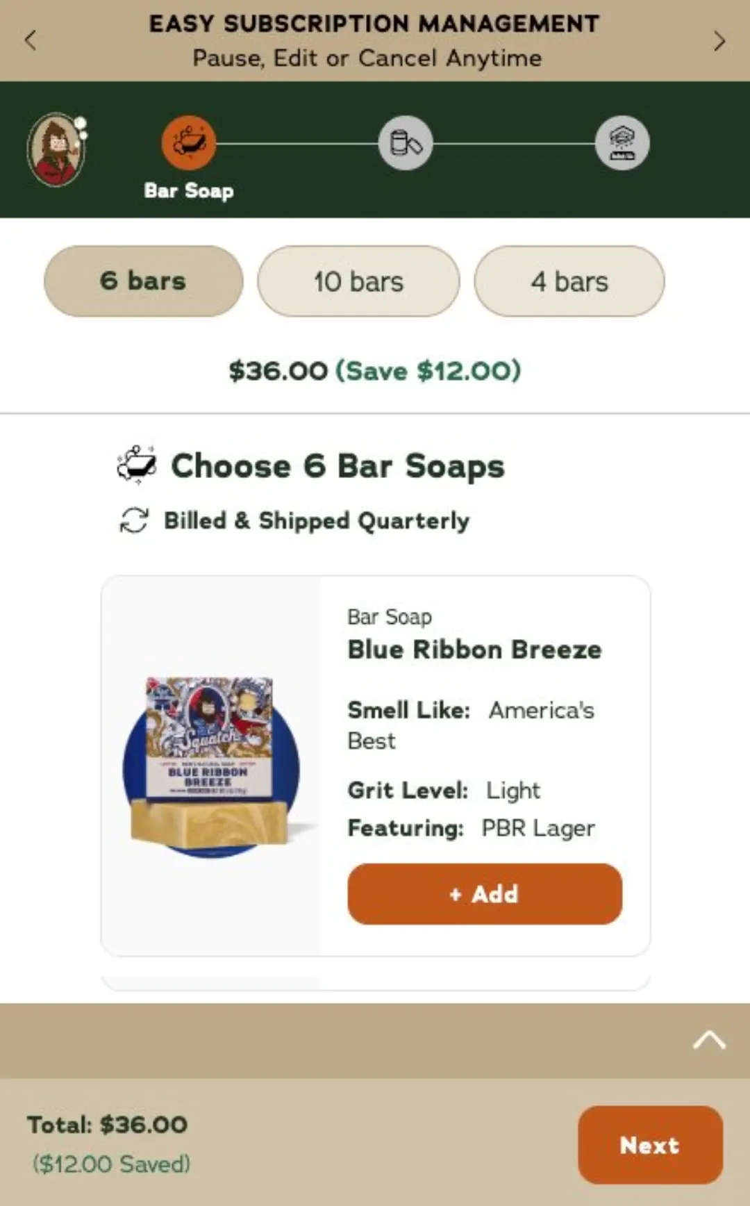Dr. Squatch abonelik kurucusu: 6/10/4 sabun seçimi, $36.00 (Save $12.00), 'Choose 6 Bar Soaps — Billed & Shipped Quarterly', koku kartları ve toplam çubuğu