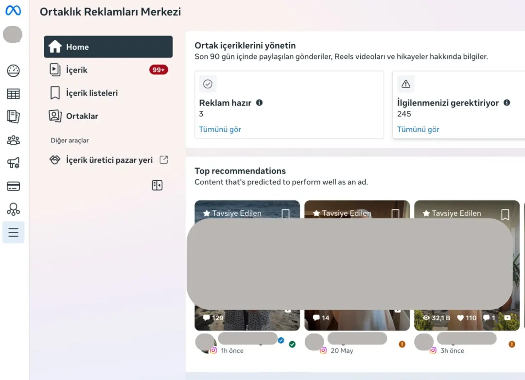 Ortaklık Reklamları Merkezi / önerilen içerikler ekranı