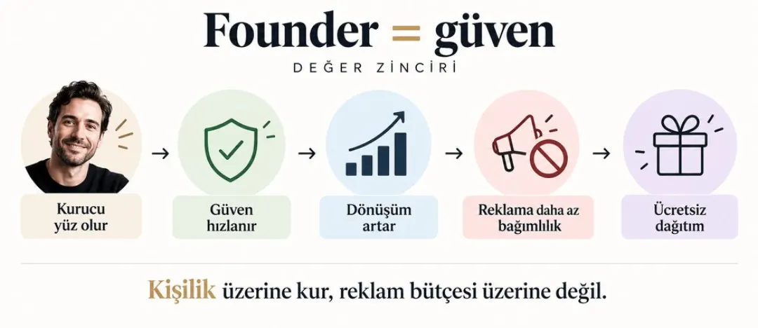 Founder eşittir güven değer zinciri: kurucu yüz olur, güven hızlanır, dönüşüm artar, reklama bağımlılık azalır, ücretsiz dağıtım gelir