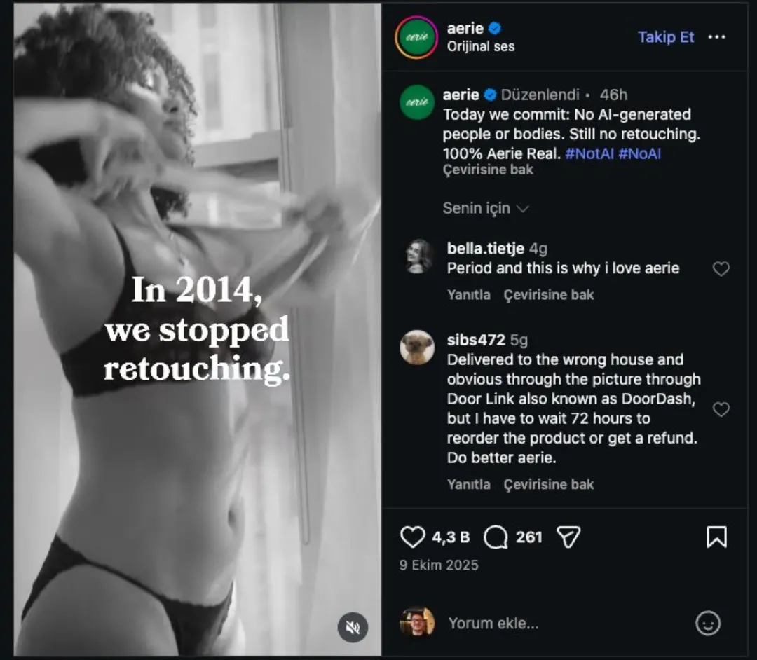 Aerie Instagram video karesi: siyah-beyaz görüntü üzerinde “In 2014, we stopped retouching.” yazısı, yanında yorumlar