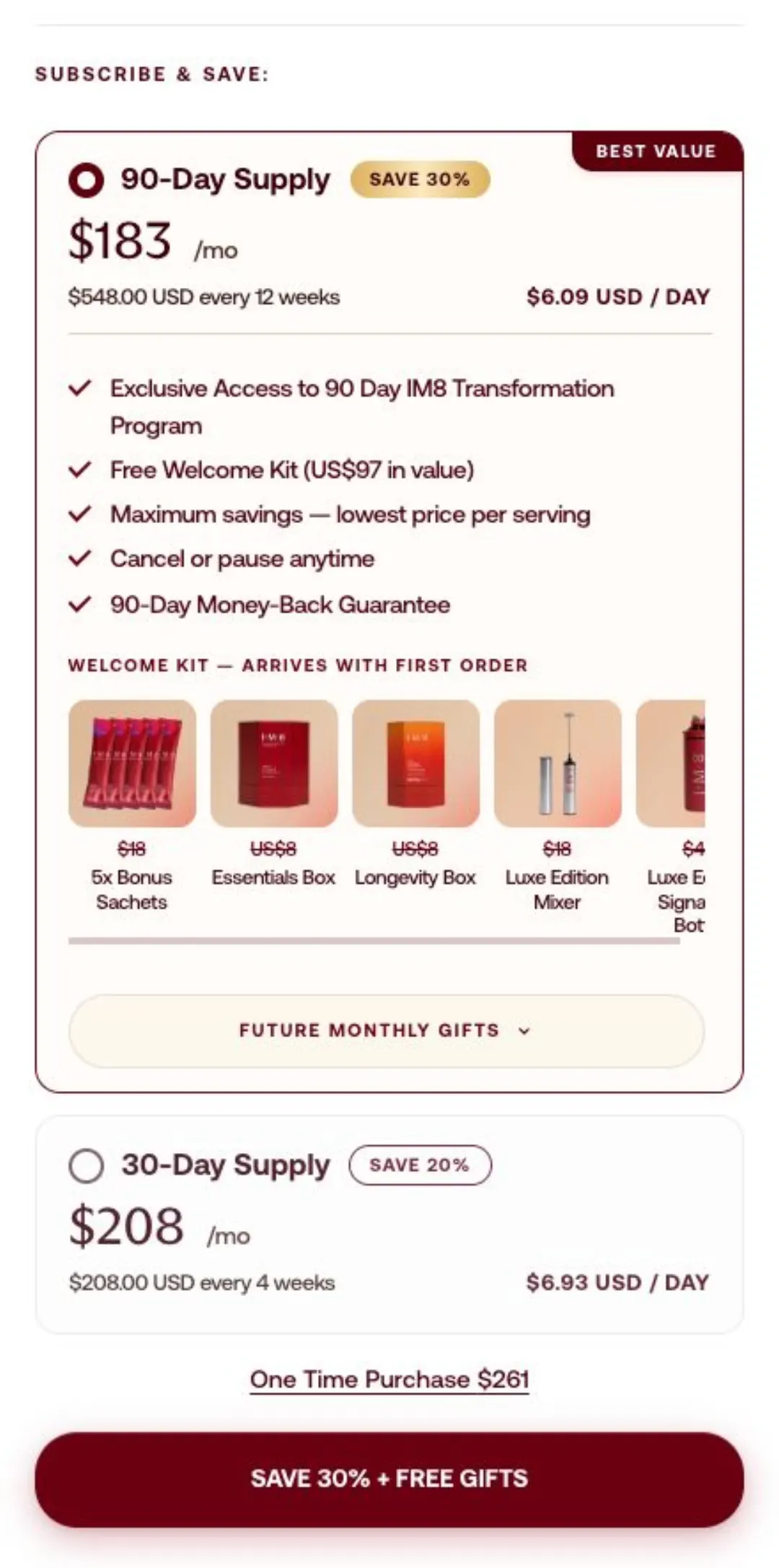 IM8 Subscribe & Save ekranı: 90 günlük $183/ay (%30 indirim, $6.09/gün), 30 günlük $208/ay, tek seferlik $261