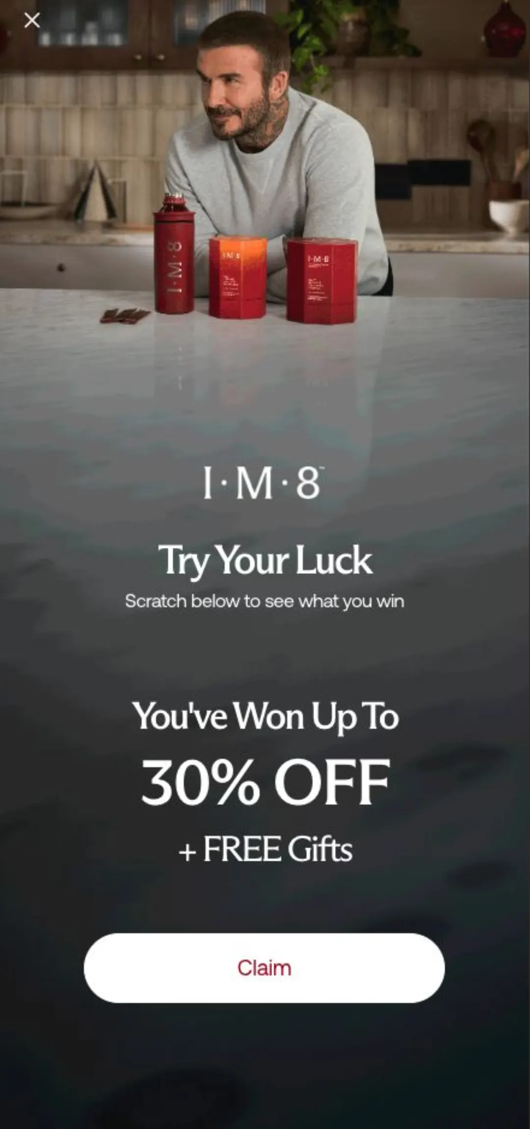 Kazınmış kart: “You've Won Up To 30% OFF + FREE Gifts” ve Claim butonu