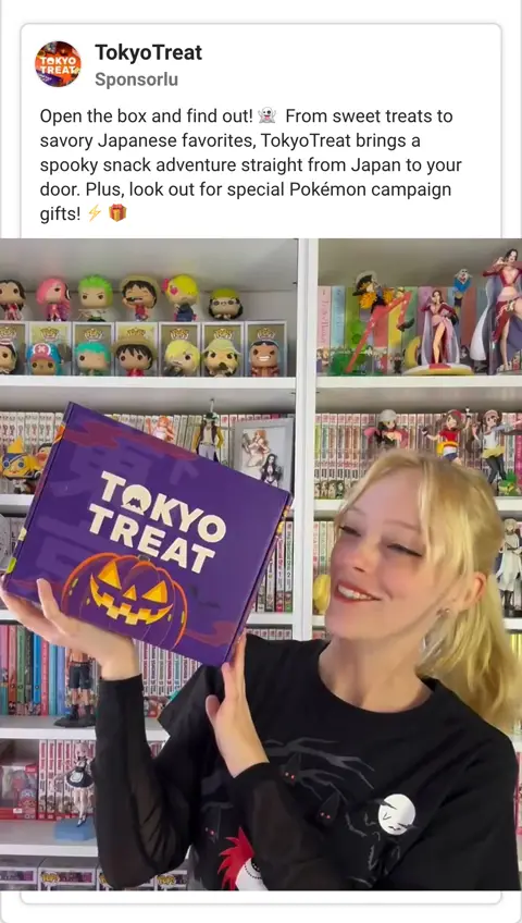 Meta Ad Library, TokyoTreat aktif reklamı: Open the box and find out! From sweet treats to savory Japanese favorites, TokyoTreat brings a spooky snack adventure straight from Japan to your door; görselde mor Halloween kutusunu tutan creator