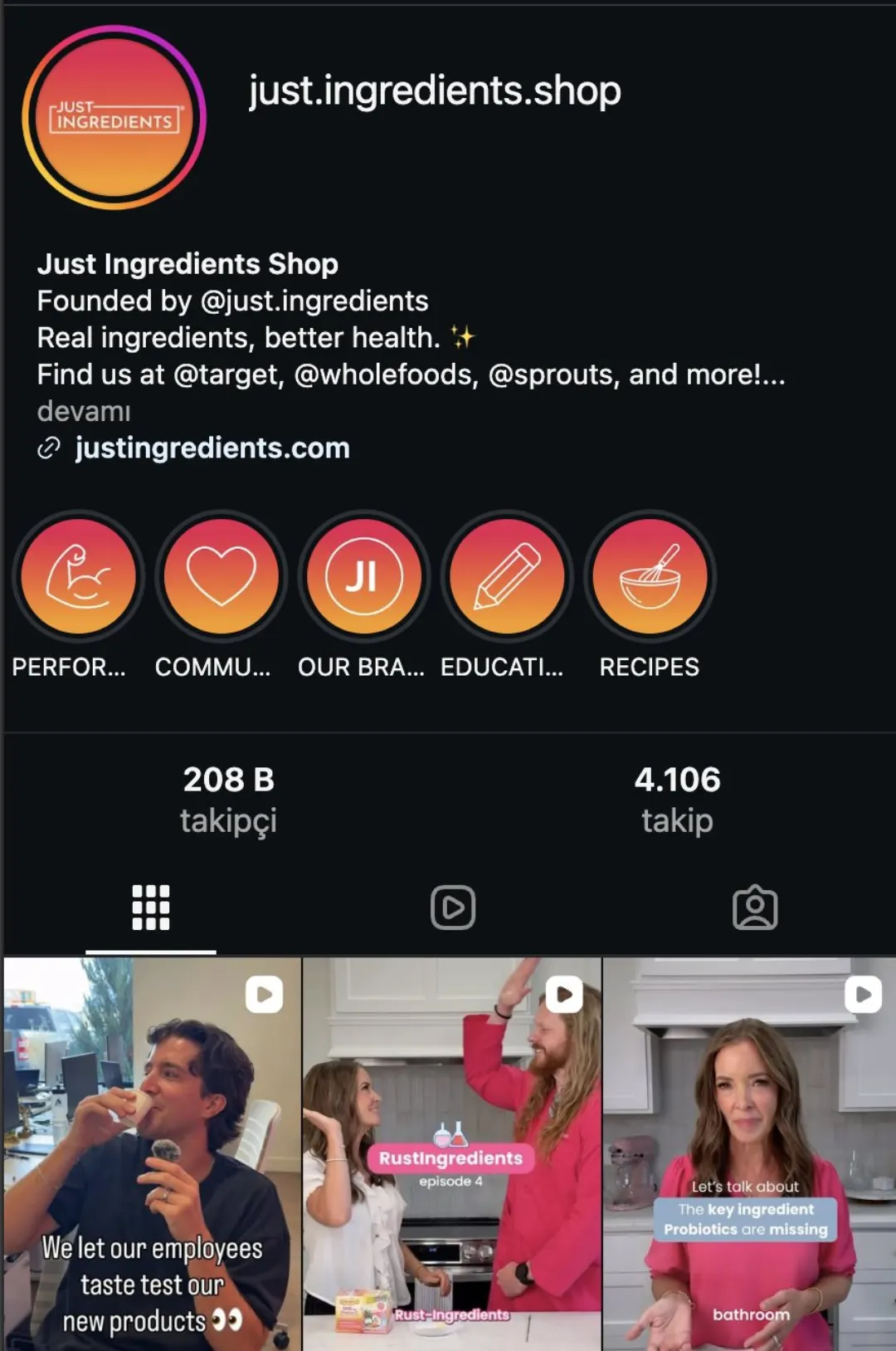Just Ingredients Instagram profili: 208 bin takipçi, öne çıkanlarda Education, Recipes, Community başlıkları