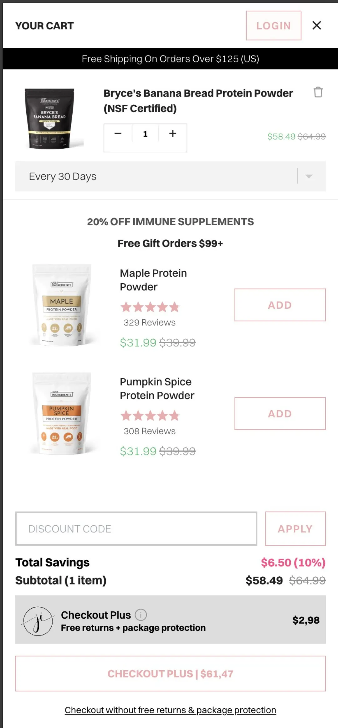 Just Ingredients sepet ekranı: 125 dolar üstü ücretsiz kargo, 99 dolar üstü hediye, sepet içi ürün önerileri