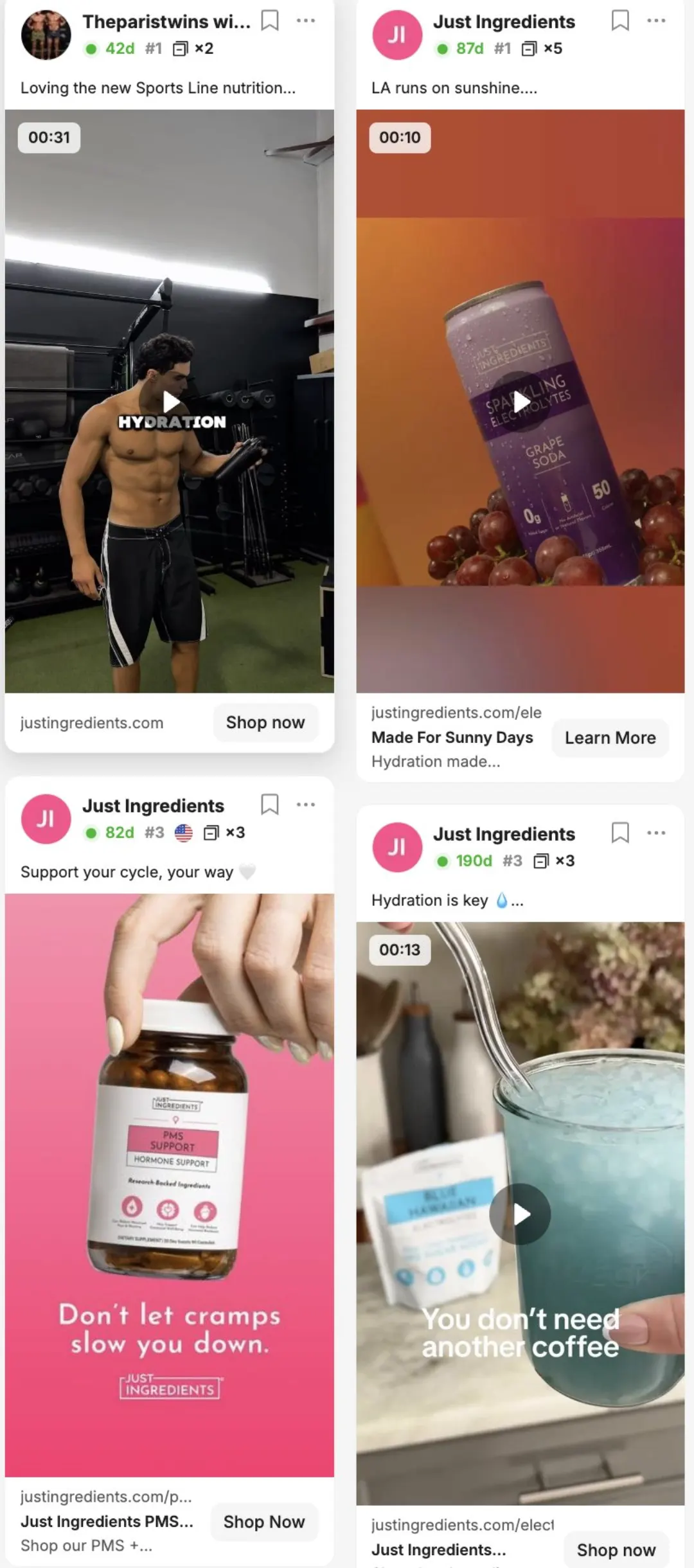 Just Ingredients reklam grid'i: PMS Support, elektrolit ve hidrasyon reklamları, 42 ile 190 gün arası yayın süreleri