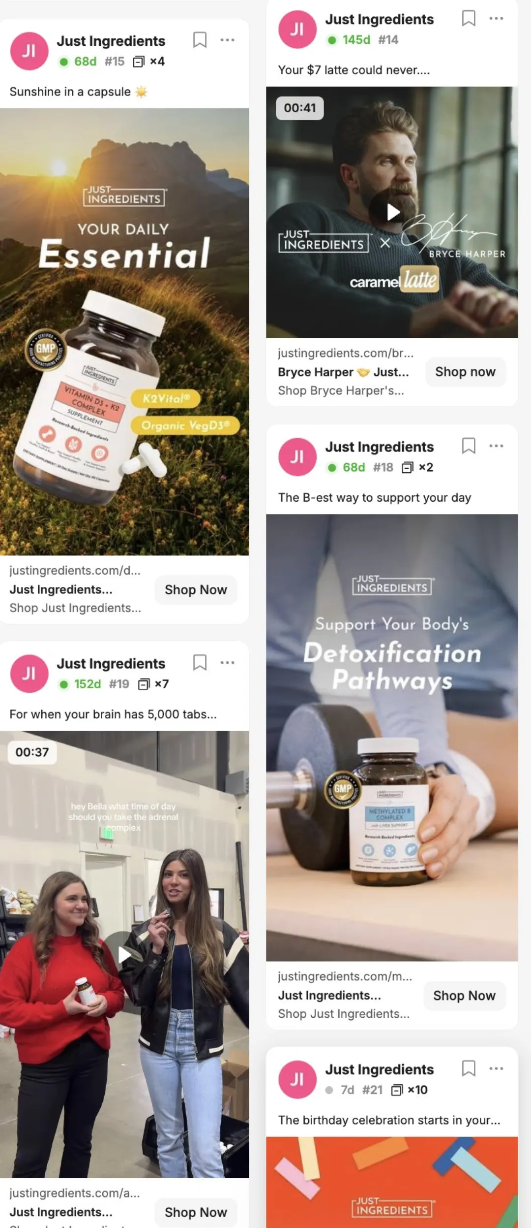 Just Ingredients reklam grid'i: D3+K2 vitamini, Bryce Harper iş birliği, adrenal destek ve detoks reklamları
