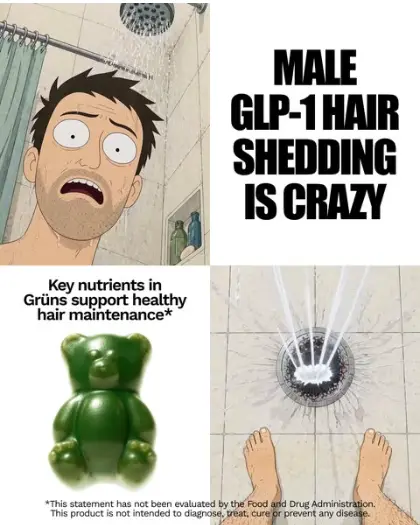 Grüns Meta reklamı: Male GLP-1 hair shedding is crazy, duşta şaşkın adam çizimi ve yeşil gummy