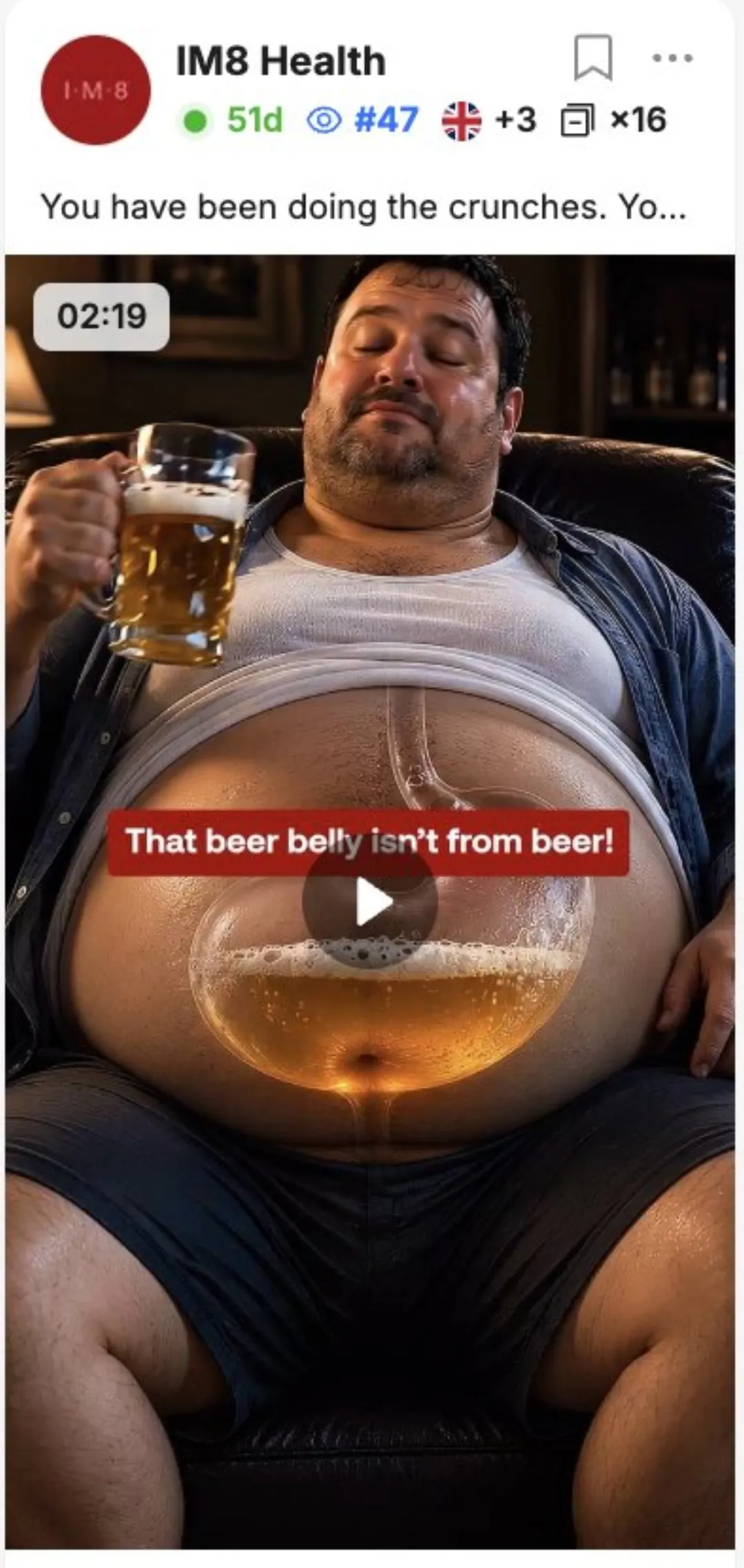 IM8 Health reklamı: AI ile üretilmiş bir görsel, “That beer belly isn't from beer!” metniyle