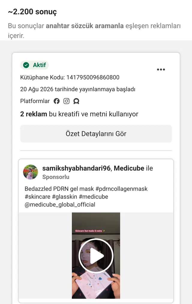 Meta Reklam Kütüphanesi: medicube araması, yaklaşık 2.200 sonuç, aktif reklam kartı ve yayına başlama tarihi