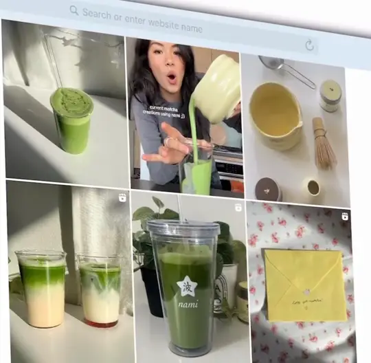 nami matcha Instagram feed'i: tarif videoları, matcha latte, çilek, mektup kartı