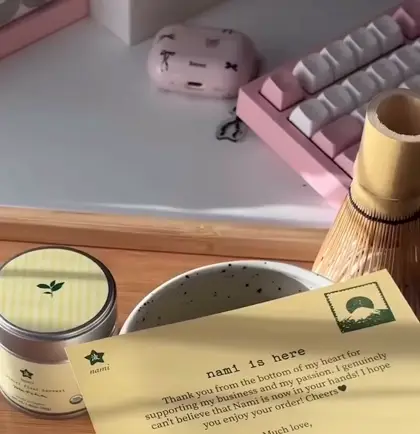 Nami teşekkür mektubu ve matcha kutusu: nami is here