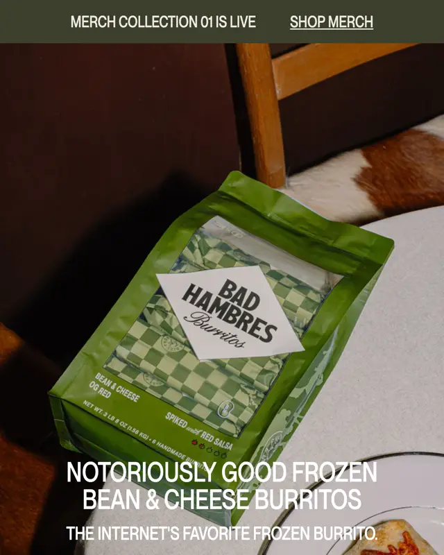 badhambres.com mobil ana sayfa: Notoriously good frozen bean and cheese burritos, Stock your freezer butonu