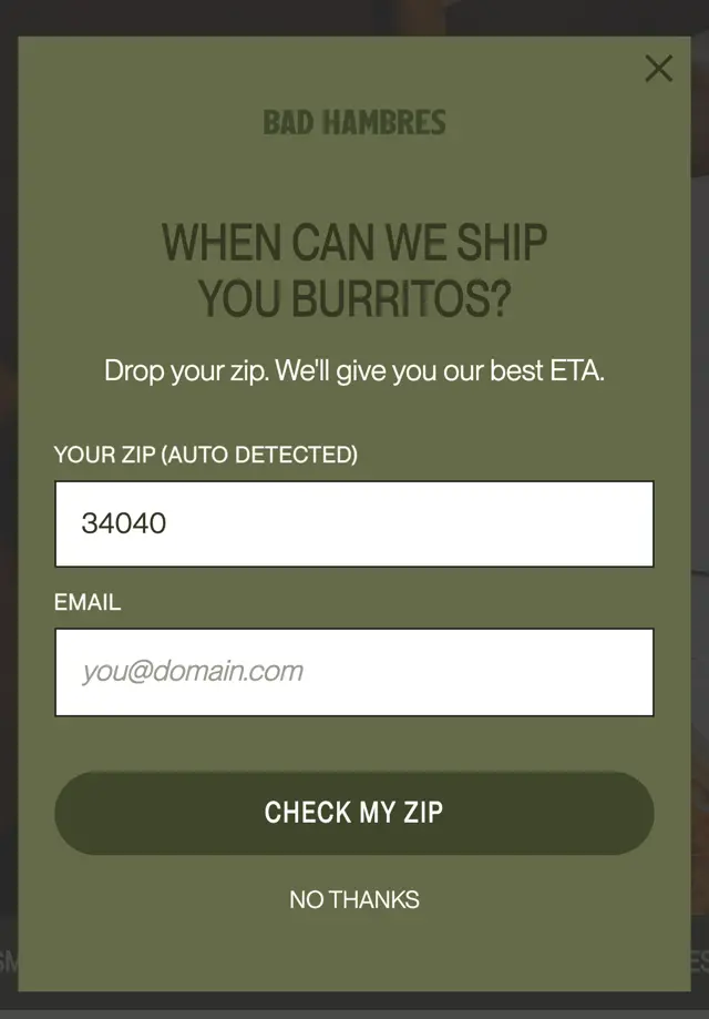 badhambres.com pop-up: When can we ship you burritos? posta kodu ve e-posta alanı, Check my zip butonu