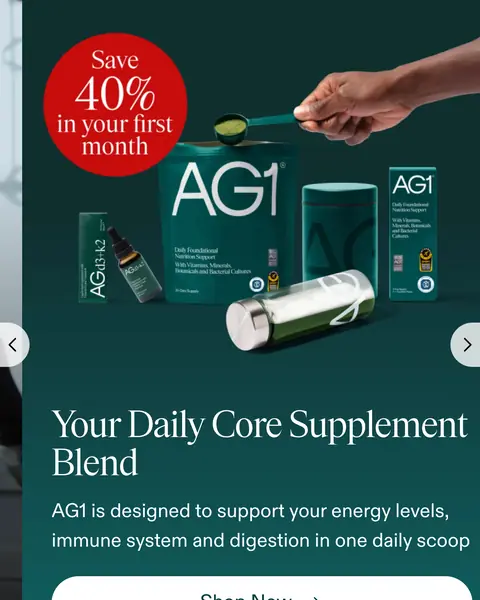 AG1 sayfası: Save 40% in your first month rozeti, AG1 paketi ve Shop Now butonu