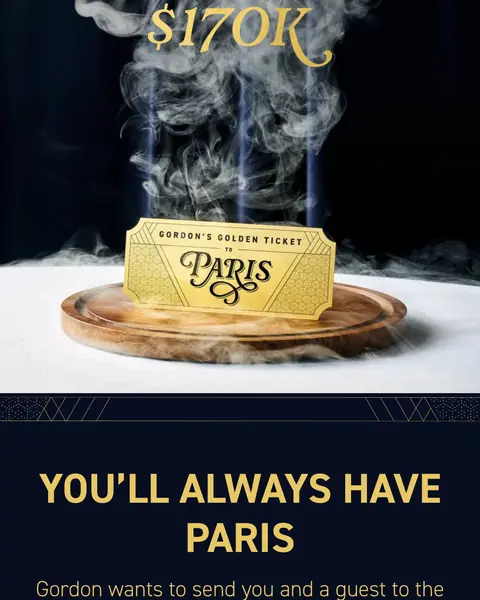 HexClad Gordon's Golden Ticket to Paris sayfası: altın bilet, 170K dolar ödül, You'll Always Have Paris başlığı