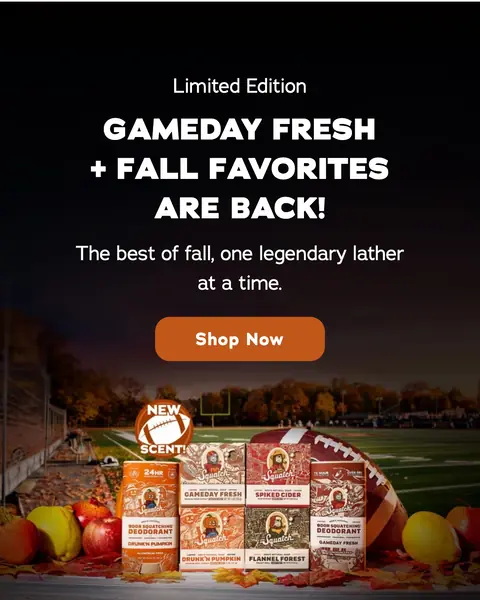 Dr. Squatch sonbahar sayfası: Limited Edition, Gameday Fresh + Fall Favorites Are Back, futbol sahası önünde sabunlar