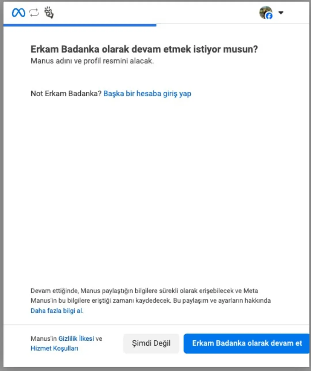 Manus'un Meta hesabına bağlanması