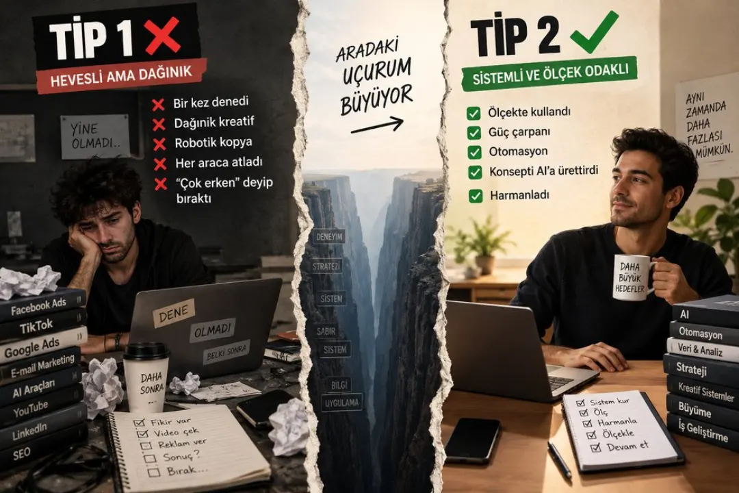 Tip 1 ve Tip 2 pazarlamacı karşılaştırma kartı: solda dağınık masa, sağda sistemli çalışma, ortada büyüyen uçurum
