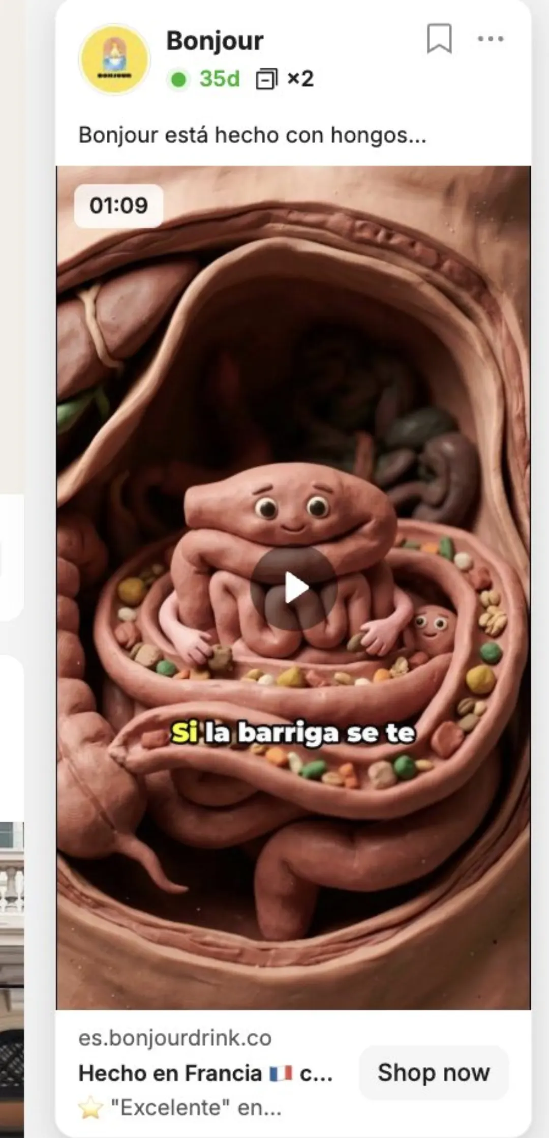 Bonjour markasının İspanyolca reklamı: AI ile üretilmiş kil animasyonu tarzında bağırsak karakterleri