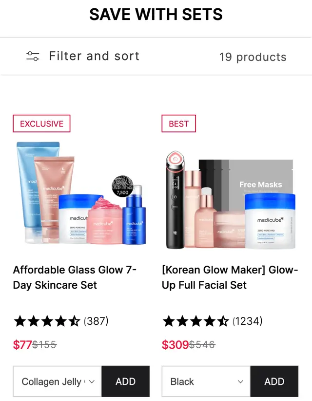 medicube.us Save With Sets sayfası: Affordable Glass Glow 7-Day Skincare Set 77 dolar (155 yerine), Glow-Up Full Facial Set 309 dolar (546 yerine)