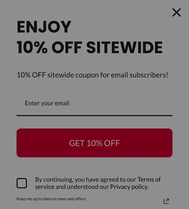 medicube.us e-posta pop-up'ı: Enjoy 10% off sitewide, Enter your email, Get 10% off