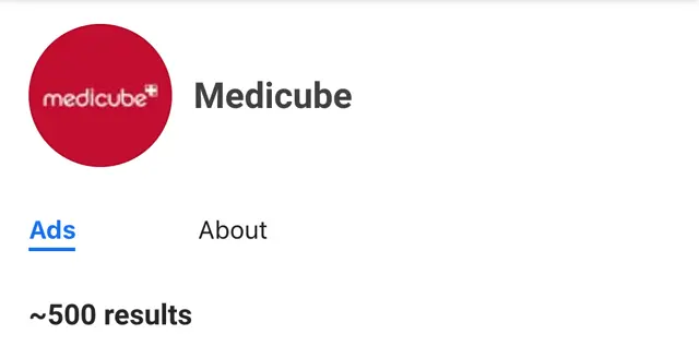 Meta Reklam Kütüphanesi, ABD: Medicube sayfası, yaklaşık 500 sonuç
