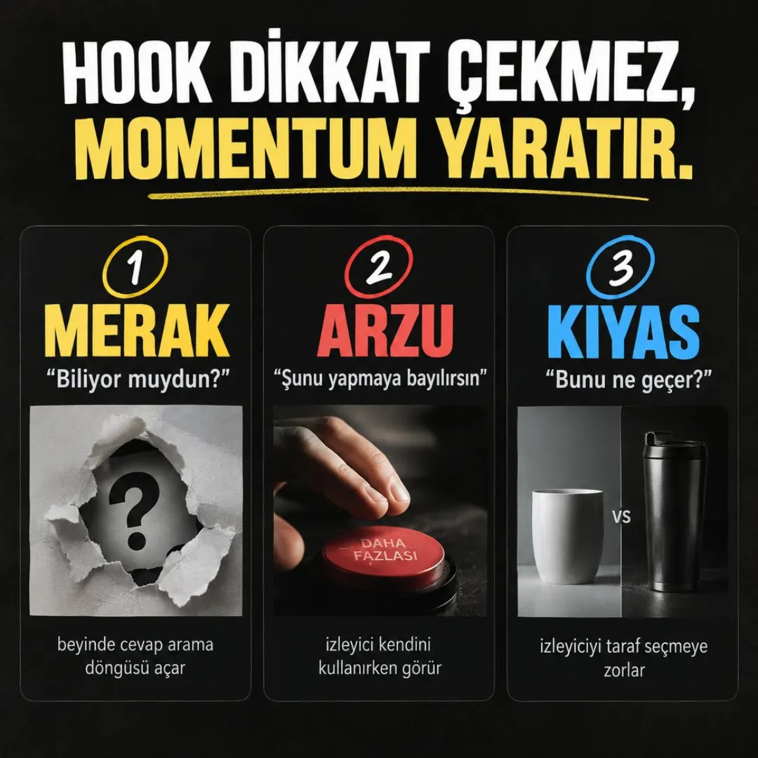 Üç hook tipi kartı: Merak, Arzu, Kıyas