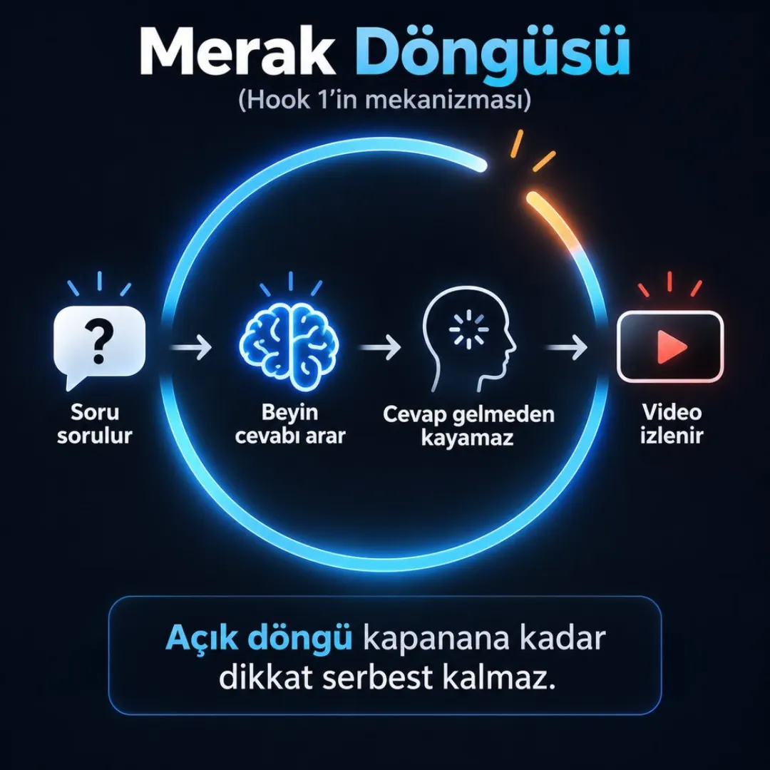 Merak döngüsü diyagramı: soru sorulur, beyin cevabı arar, cevap gelmeden kayamaz, video izlenir