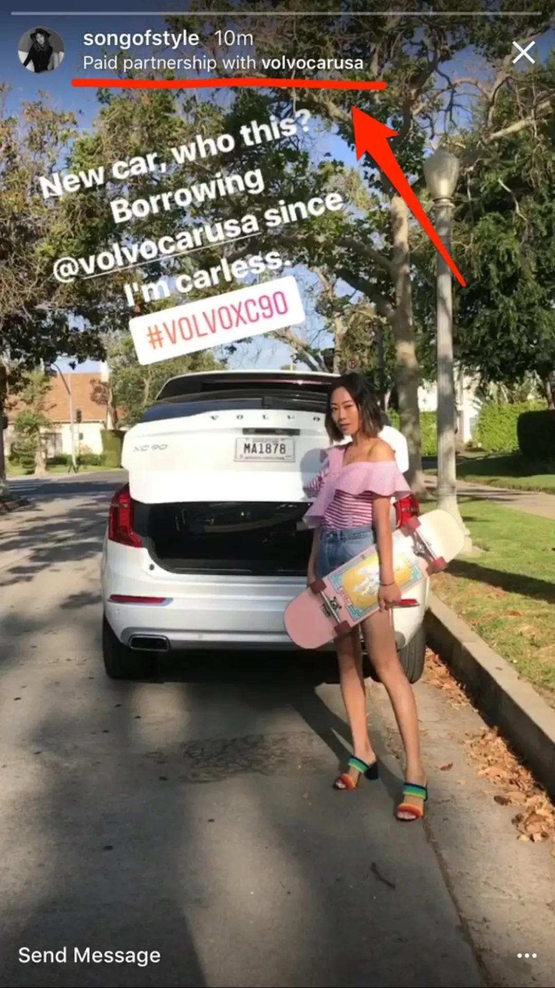 Instagram hikâyesi: bir yaratıcının paylaşımı, üstte “Paid partnership with volvocarusa” etiketi kırmızıyla işaretli