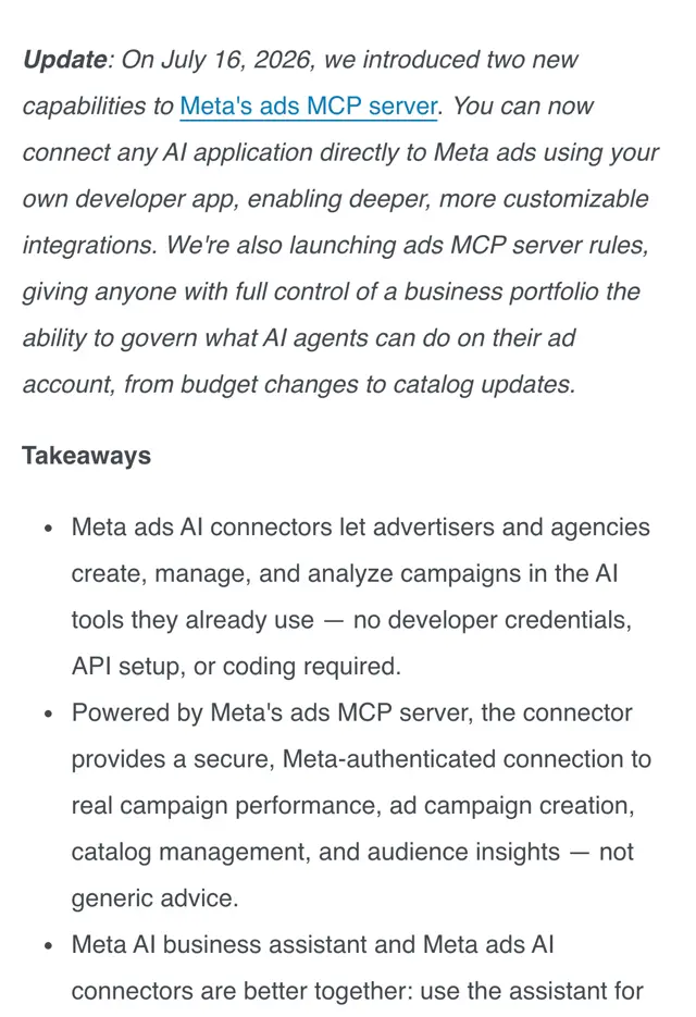 Meta duyurusundaki güncelleme: ads MCP server rules, business portfolio'ya tam erişimi olan kişi yapay zekâ ajanlarının ne yapabileceğini yönetebiliyor; altında Takeaways listesi