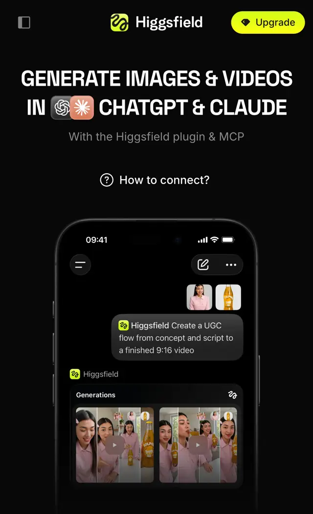 higgsfield.ai/mcp mobil: Generate images & videos in ChatGPT & Claude, With the Higgsfield plugin & MCP
