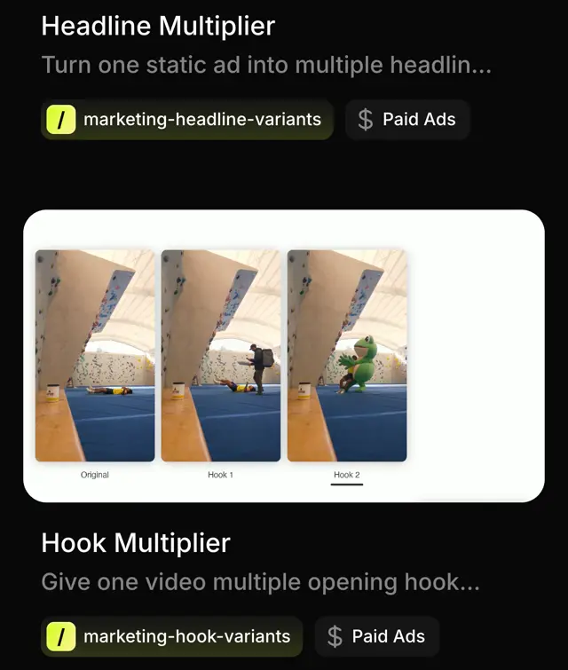 higgsfield.ai/mcp: Headline Multiplier, turn one static ad into multiple headline variations; Hook Multiplier, give one video multiple opening hooks; ikisi de Paid Ads etiketli