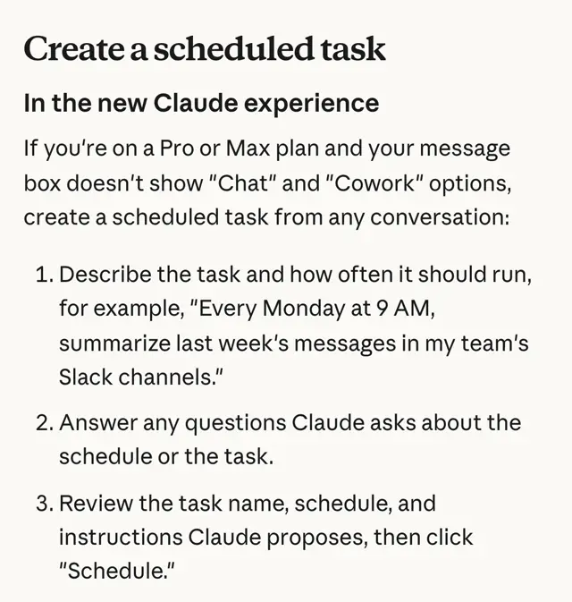 Claude yardım merkezi, Create a scheduled task: görevi ve sıklığını yaz, örneğin Every Monday at 9 AM; soruları cevapla; Schedule'a tıkla