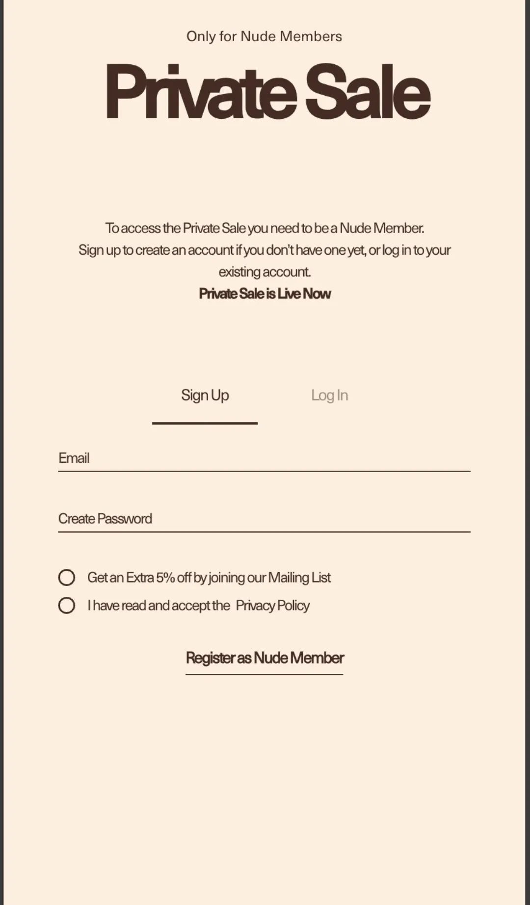 Nude Project 'Private Sale' kayıt formu