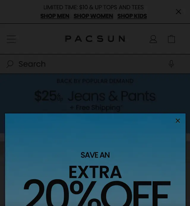 pacsun.com mobil ana sayfa: üstte 10 dolardan başlayan tişört kampanyası, 25 dolardan başlayan jean ve pantolon, ücretsiz kargo, altında Save an extra 20% off pop-up'ı