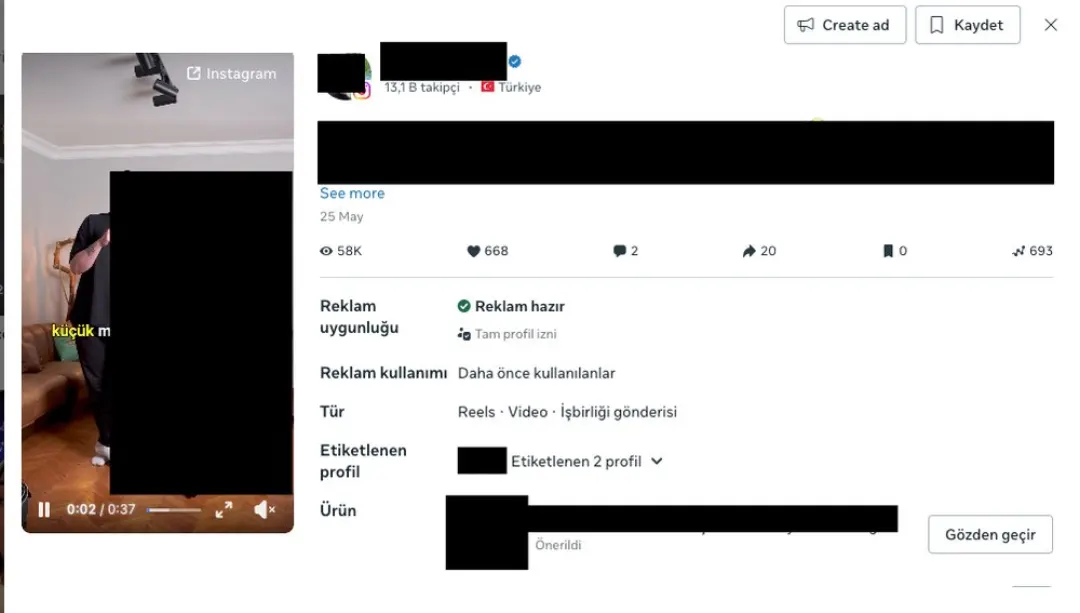 İçerik detay paneli: “Reklam uygunluğu: Reklam hazır”, “Tam profil izni”, “Tür: Reels · Video · İşbirliği gönderisi”, sağ üstte Create ad
