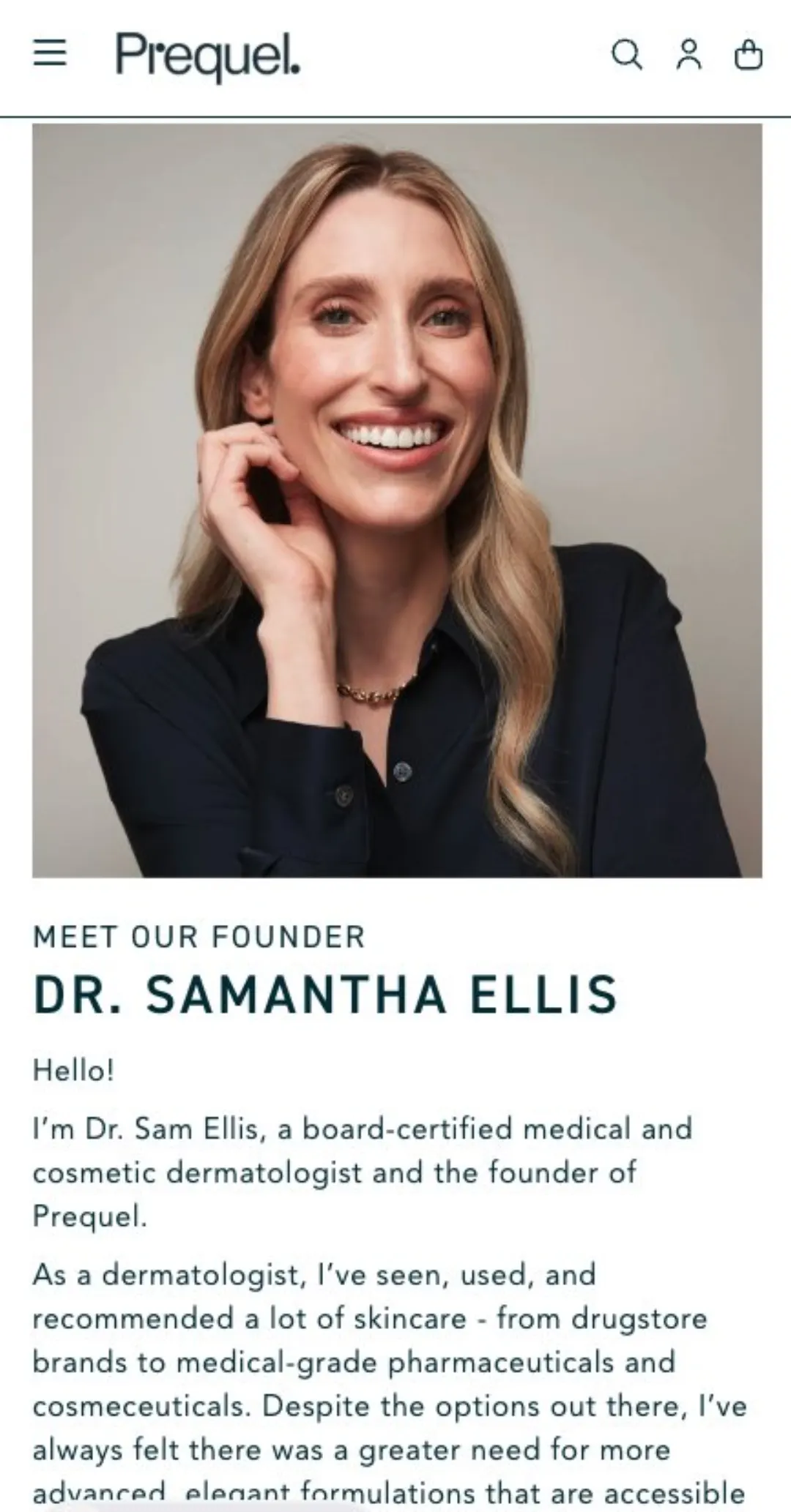 Prequel sitesindeki “Meet Our Founder — Dr. Samantha Ellis” sayfası: kurucunun fotoğrafı ve dermatolog tanıtımı